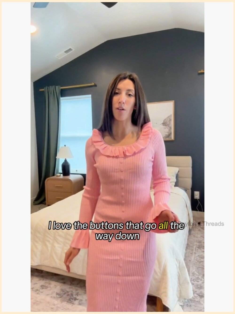 Bodycon Midi Sweater Dress Ribbed Knit Bell Long Sleeve Ruffle Crewneck Decor - Picture 7 of 7
